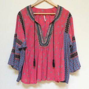 Free People Boho Embroidered Peasant Blouse Top with Tassels (Large)